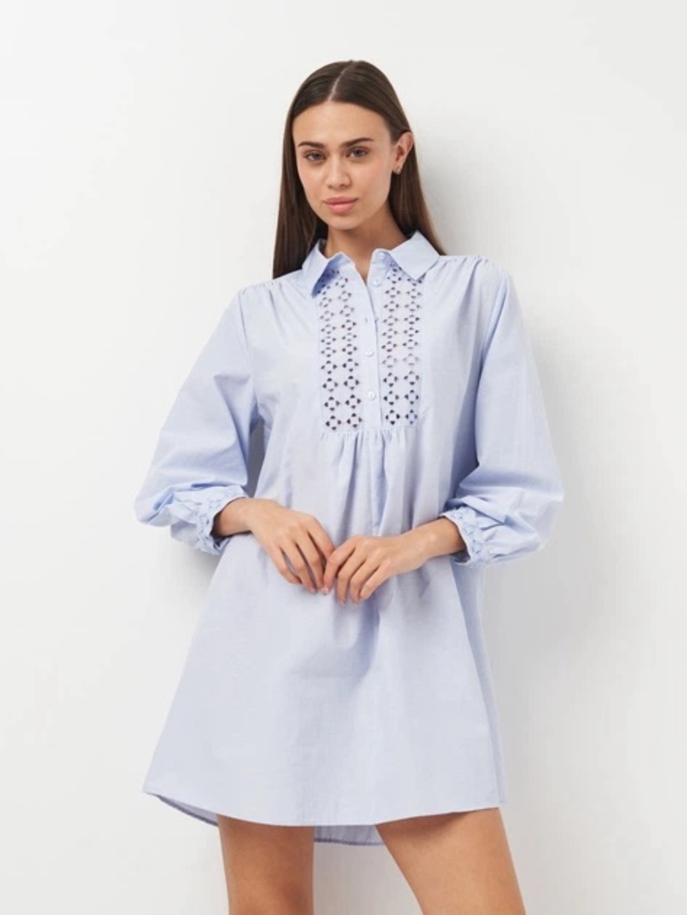 Zara Pale Blue Eyelet Bib Shirt Dress